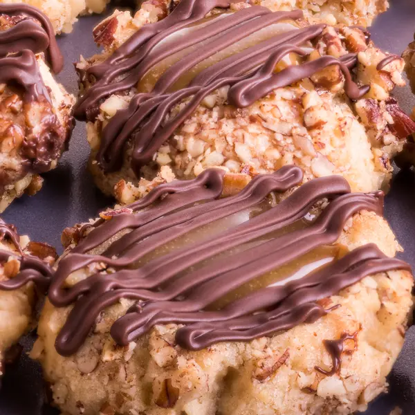 Chocolate and Caramel Chip Thumbprint Cookies