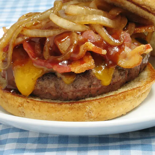 Oven Baked Bacon Cheeseburger with Maple Caramelized Onions