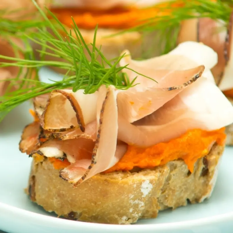 Ham and Sweet Potato Hummus Canapes