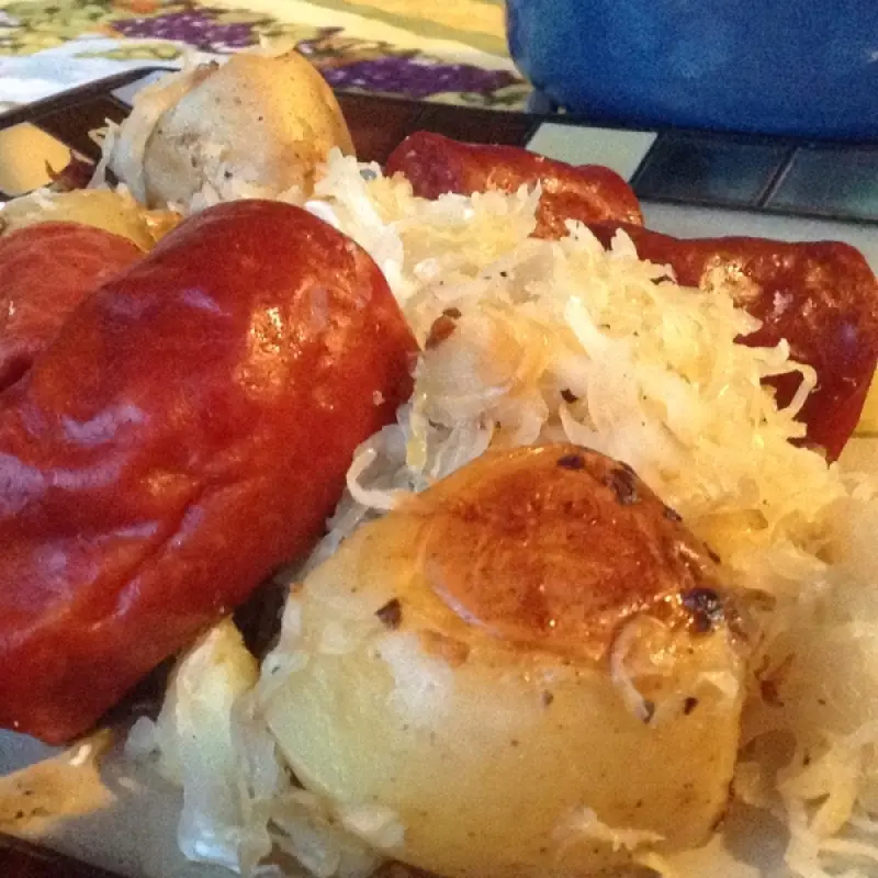 Roasted Potato Sauerkraut and Sausage Casserole
