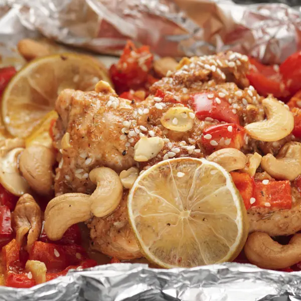 Foil Baked Chicken With Red Peppers and Cashews