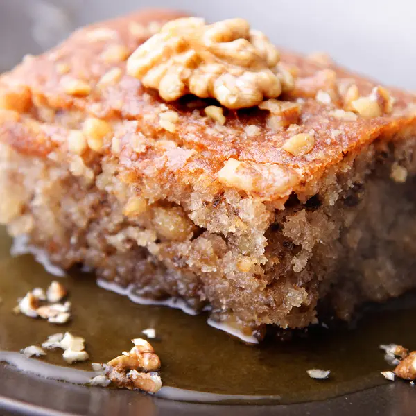 Walnut Cake with Warm Vanilla Honey Sauce