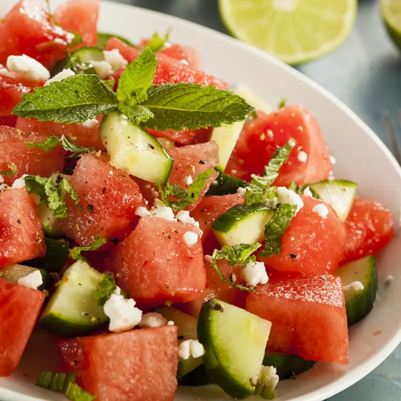 Watermelon and Feta Salad with Cucumber and Mint